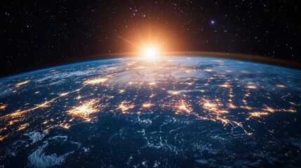 Fototapeta premium Earth at Night with Rising Sun and City Lights
