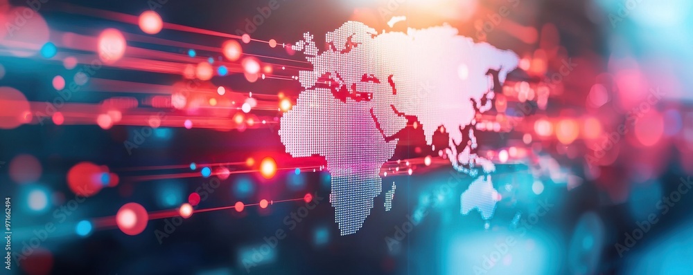 Poster colorful world map with digital lines representing global connectivity and technology advancements i