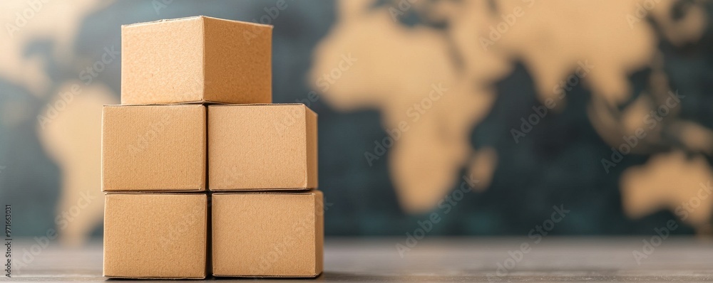 Aufkleber stack of cardboard boxes against a world map background, symbolizing global shipping and logistics.
