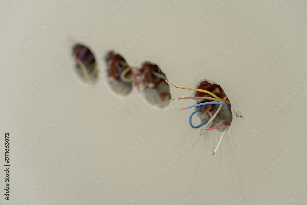 Poster electrician connects colorful wires into electrical boxes as part of home renovation work on interio
