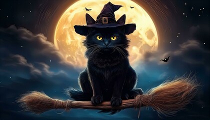 Fototapeta premium A cute black Halloween cat sits on a crescent moon at night with glowing eyes, surrounded by bats, pumpkins, and spooky elements in a fun, cartoon style illustration
