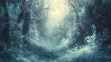 Obraz premium A Mystical Forest Path shrouded in Fog and Sunlight