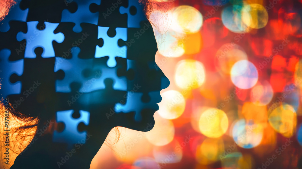 Poster a vibrant profile silhouette is intricately layered with colorful puzzle pieces, representing the co