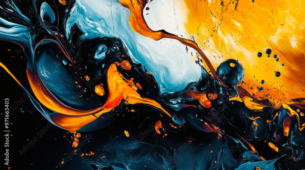 Poster abstract colorful artwork showcasing dynamic blue and orange shapes with glossy textures, creating a