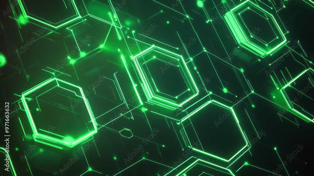 Poster abstract geometric pattern illuminated with purple and green lights on a dark background, creating a