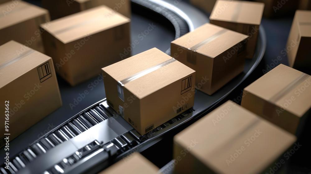 Poster a dynamic arrangement of cardboard boxes flows seamlessly around a corner on a conveyor belt, captur