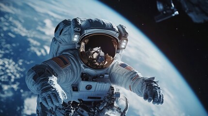 Space suit in use during a spacewalk, astronaut repairing equipment, Earth visible in the background, emphasis on technology and functionality