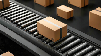 Obraz premium A top view reveals boxes gracefully gliding on a conveyor belt, highlighting the precision of industrial parcel sorting amidst a sleek, dark backdrop