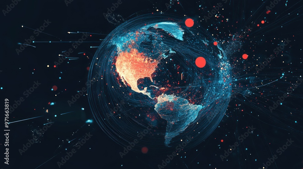 Poster A Digital Globe with Lines and Dots