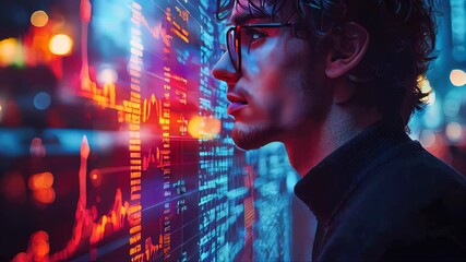 A human face is overlaid with stock market charts and data, representing financial technology, AI, or data analytics - Powered by Adobe