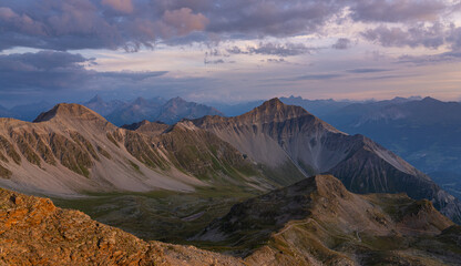 Fototapeta premium View from Parpaner Rothorn in the Swiss alps on a late summer day