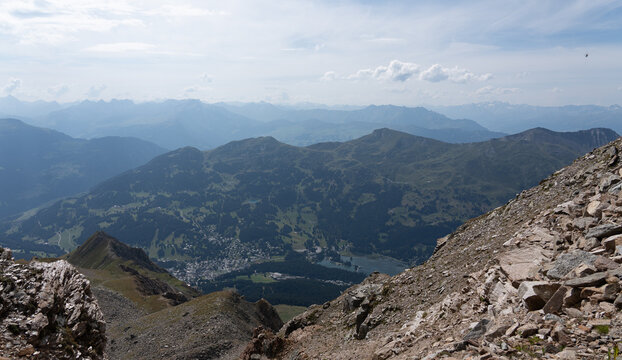 View from Parpaner Rothorn in the Swiss alps on a late summer day
