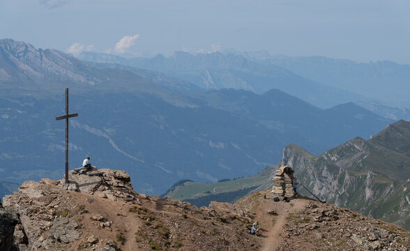 View from Parpaner Rothorn in the Swiss alps on a late summer day