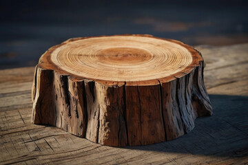 A large log with a hole in the middle sits on a wooden table. The log is rough and has a natural, earthy appearance. The table is made of wood and has a slightly worn look to it