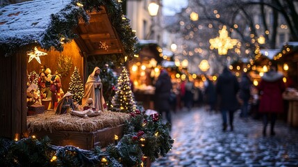 Charming nativity scene captured at a festive european christmas market celebration