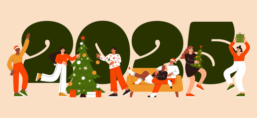 People decorate Christmas tree vector flat illustration. Friends celebrate New Year 2025 banner. Winter holidays party