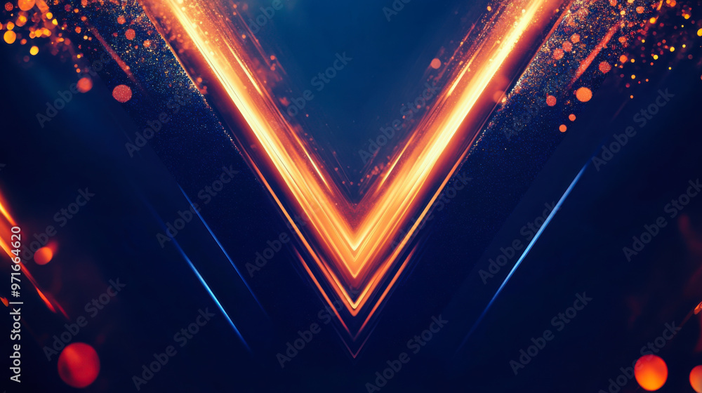 Poster dynamic blue and orange glowing lines intersecting in a geometric design against a dark background