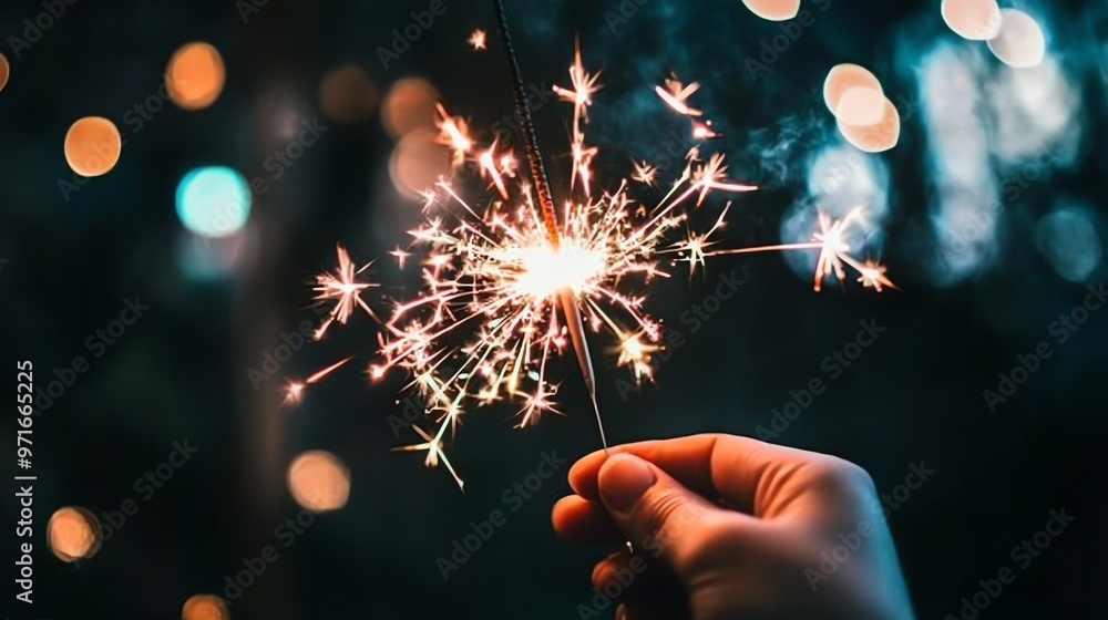 Poster a hand holds a burning sparkler with a blurry background of bokeh lights.