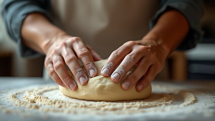 Close-up of a male chef kneading dough, light-colored kitchen, professional photo 