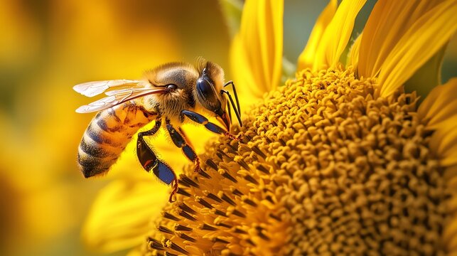 A bee gathers pollen from a sunflower.