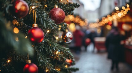 Festive christmas market display featuring ornate decorations for trees in europe