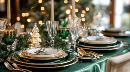 Sophisticated green themed table setting for a festive christmas and new year celebration