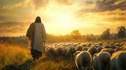 Jesus herds a flock of sheep, almighty god leads his sheep