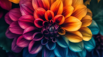 Fototapeta premium Colorful flower with red, orange, blue and purple petals.