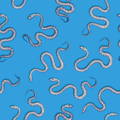 Fototapeta premium Minimalist seamless pattern with white snakes with intricate scaled skin or cyan background as wrapping paper or fabric. Endless wallpaper with hand drawn linear blue reptiles for 2025 Year of Snake