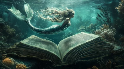 Printed kitchen splashbacks A mermaid swims gracefully through an underwater landscape, exploring an opened book nestled among vibrant coral reefs