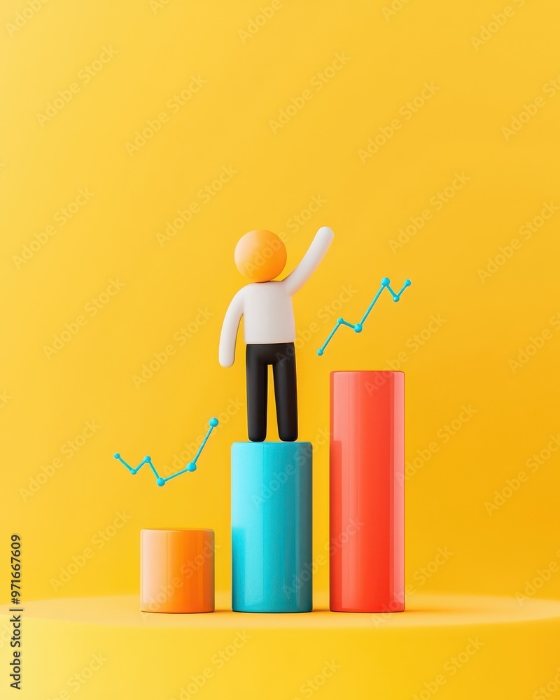 Poster a colorful illustration of a figure standing on bars representing growth, with graphs symbolizing su