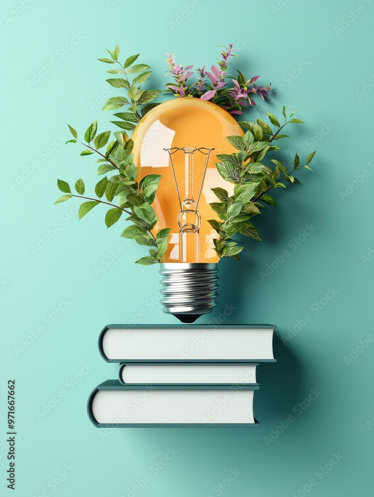 Poster a creative concept featuring a light bulb with greenery, symbolizing knowledge and innovation on a s