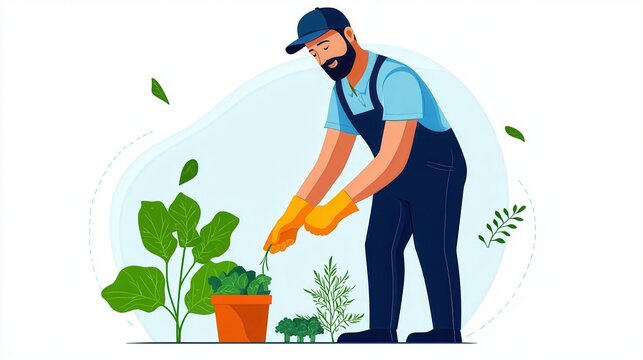 Organic Vegetable Gardening - Man Carrying Out Garden Maintenance, on White Background