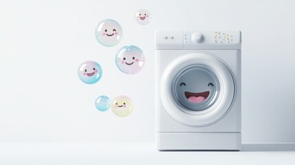 A white washing machine with a smiling face, surrounded by cute cartoon bubbles.