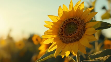 A single sunflower in a field at sunset, illuminated by golden light.