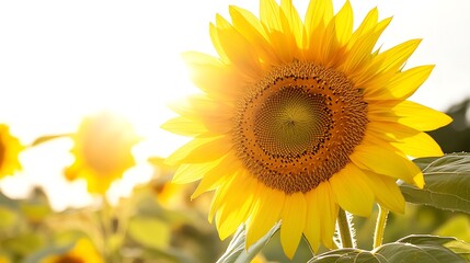 A single sunflower in a field, facing the sun, bright yellow petals, blurred background.