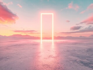 A mystical glowing door stands in a serene landscape at sunset, evoking feelings of wonder and exploration.