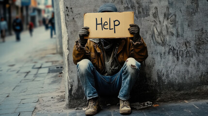 A person seeking assistance holds a cardboard sign with the word help, sitting against a weathered wall in a city environment during the day