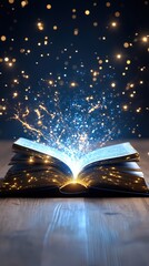 Open magical book of knowledge with glowing pages and magical sparkles, symbolizing the power of knowledge. 