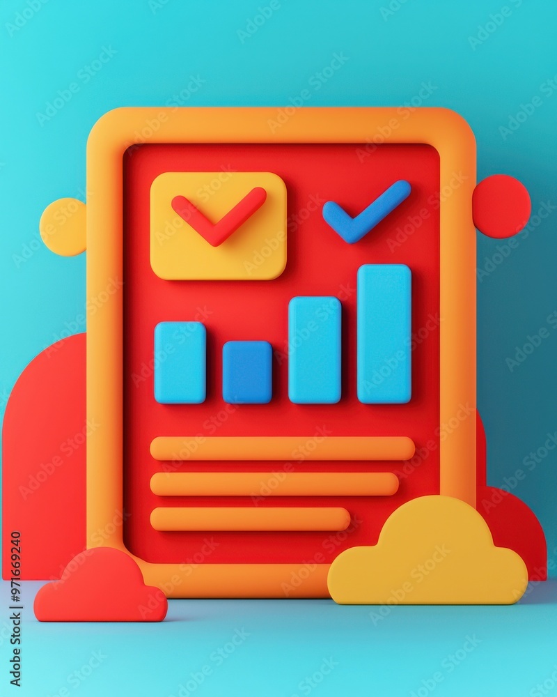 Aufkleber colorful 3d illustration of a data report with graphs and checkmarks, perfect for presentations and 
