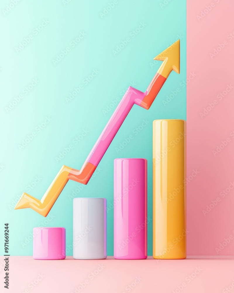 Poster colorful bar graph showing growth with an upward arrow on a pastel background, symbolizing progress 