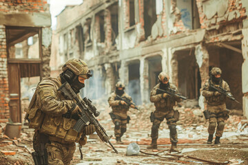 Armed group of special forces against the background of a destroyed building. The concept of game simulators. SWAT group. Antiterrorism.