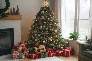 A beautifully decorated Christmas tree adorned with rich red baubles, sparkling green tinsel, and gold star garlands