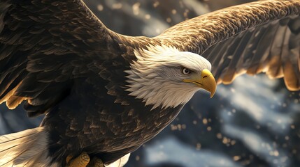 Close-up portrait of a majestic bald eagle in flight, with a blurred background.
