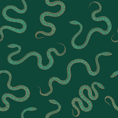 Fototapeta premium Seamless luxury pattern with golden and green snakes various shapes. Endless wallpaper or background with reptiles for 2025 Year of Snake
