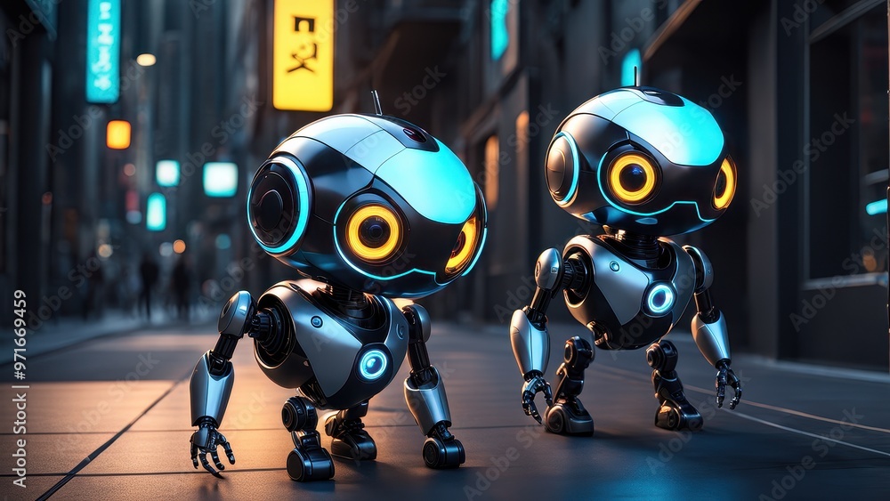 Poster two futuristic robots with glowing features in a neon-lit urban environment.