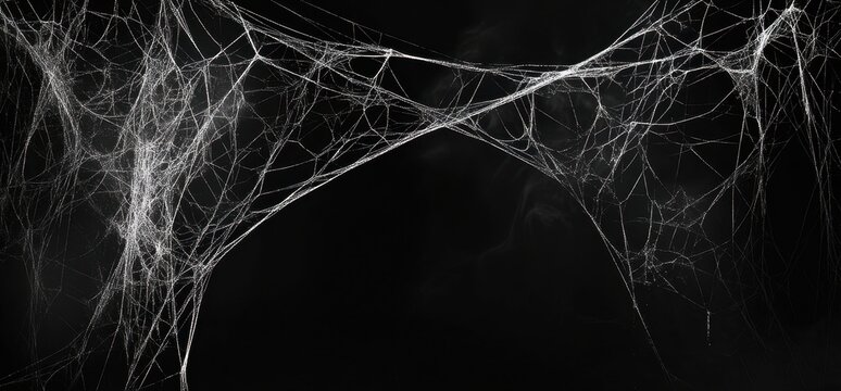 Black background with white spider webs, hanging from the left and right sides of the screen The webs are thin and long Generative AI