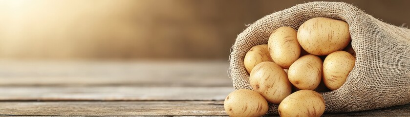 Fresh potatoes spilling from a burlap sack on a rustic wooden table, showcasing organic produce and countryside charm.