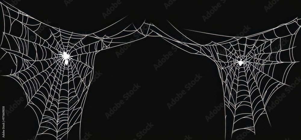 Wall mural spider webs hanging on the left and right sides of an empty black background generative ai