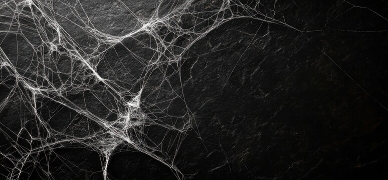 Delicate white spider webs on a black background, a banner with a copy space area Generative AI